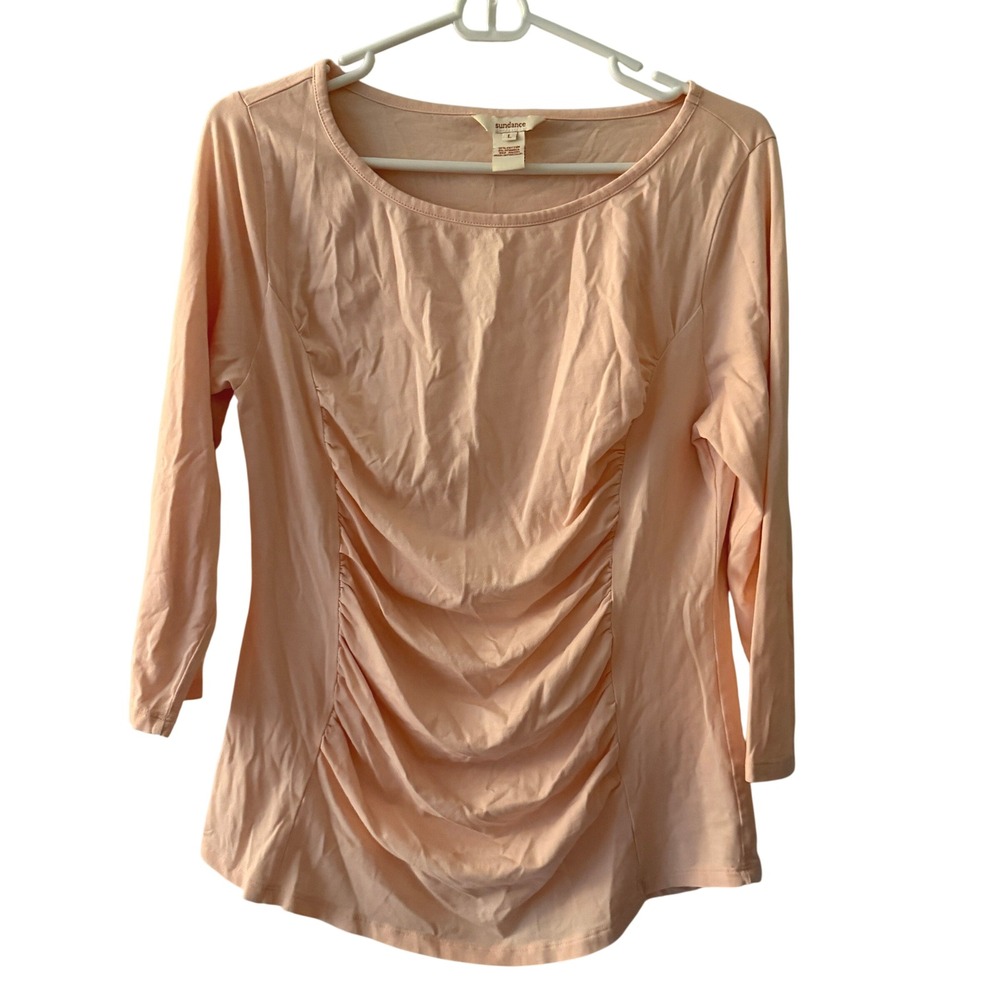Sundance Ruched Front Top Womens Large Peach Excellent 3/4 Sleeve Cotton Blend